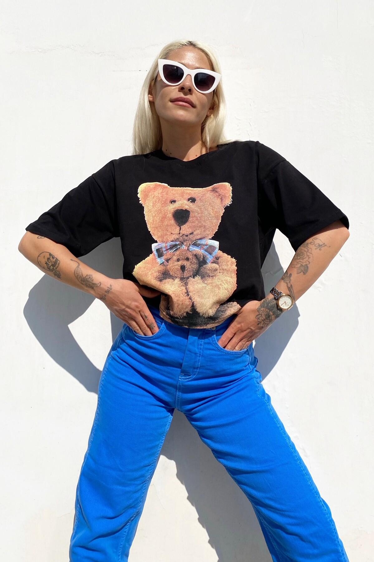 Bear Baskılı Bisiklet Yaka Tshirt