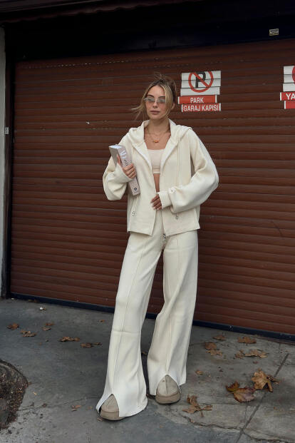 Bej Çimalı Kapüşonlu Hırka-Pantolon Oversize Kadın Triko Alt Üst Takım - SWİST (1)