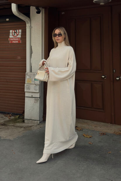 Bej Daly Yarım Balıkçı Oversize Kadın Triko Midi Elbise - SWİST (1)