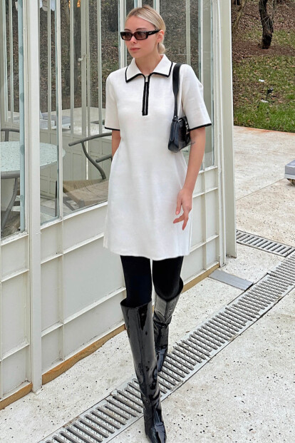 Bej Dami Polo Yaka Fermuarlı Örgü Kısa Kol Kadın Triko Mini Elbise 