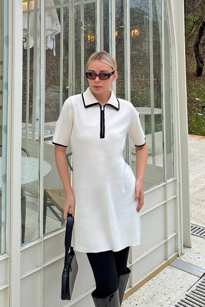 Bej Dami Polo Yaka Fermuarlı Örgü Kısa Kol Kadın Triko Mini Elbise - 3