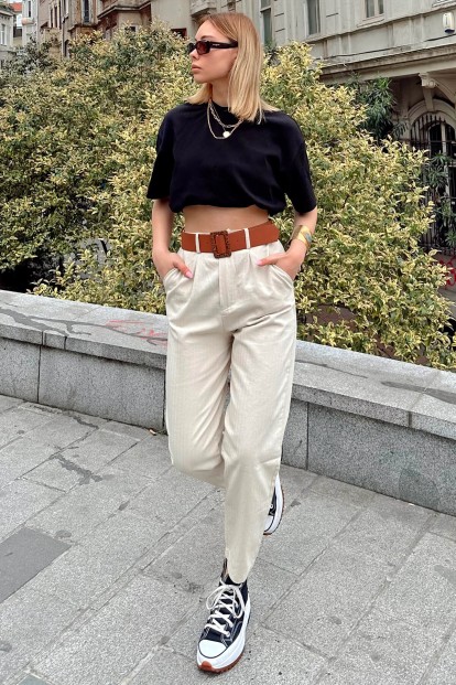 Bej Kemerli Balık Sırtı Desenli Kadın Keten Pantolon - SWİST