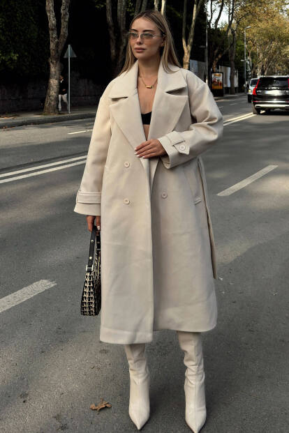 Bej Kruvaze Kol Manşetli Kuşaklı Astarlı Uzun Kadın Midi Kaşe Kaban - SWİST