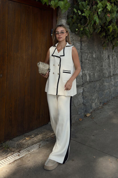 Bej Kruvaze Şerit Detaylı Yelek-Pantolon Kadın Triko Alt Üst Takım - SWİST (1)