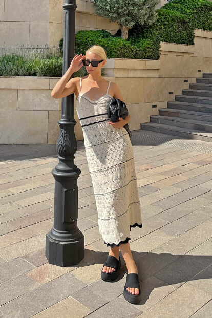 Bej Poena Askılı Ajurlu Yazlık Kadın Triko Midi Elbise - 2