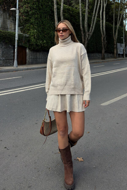 Bej Raina Balıkçı Yaka Kazak-Pilise Etekli Kadın Triko Alt Üst Takım - SWİST (1)