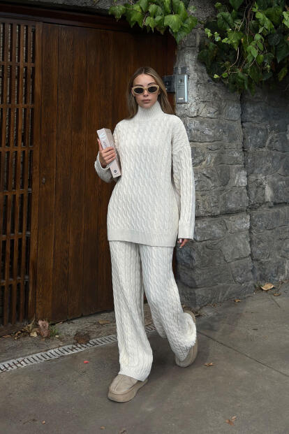 Bej Tail Saç Örgü Desenli Kazak-Pantolon Kadın Alt Üst Takım - SWİST (1)