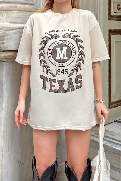 Bej Texas Baskılı Oversize Kadın Tshirt - 4