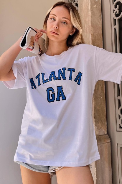 Beyaz Atlanta Baskılı Oversize Kadın Tshirt 