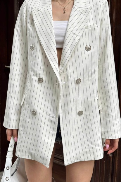 Beyaz Çizgili Gümüş Düğmeli Kruvaze Kadın Blazer Ceket - 4