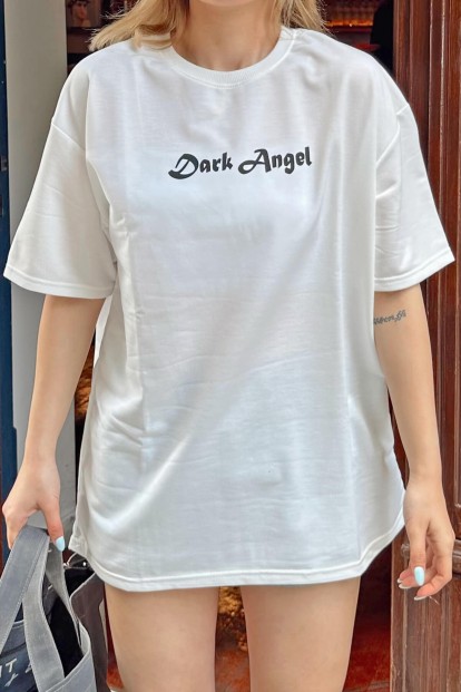 Beyaz Dark Angel Ön-Arka Baskılı Oversize Kadın Tshirt - 5