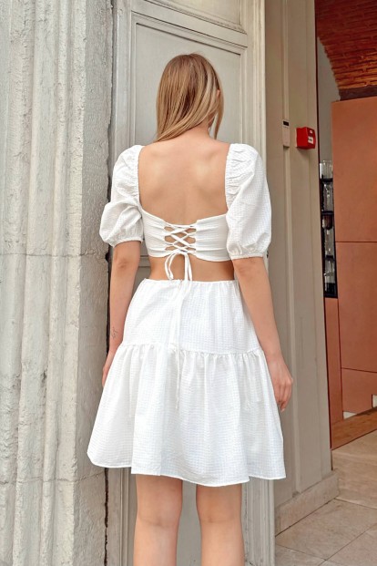 Beyaz Karpuz Kol Arkadan Bağlama Detay Kadın Mini Elbise - 4