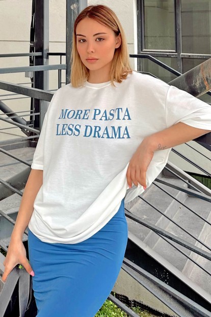 Beyaz Less Drama Baskılı Oversize Kadın Tshirt - 1