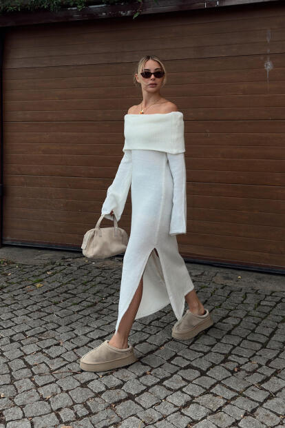 Beyaz Que Madonna Yaka Yırtmaçlı Örgü Kadın Triko Midi Elbise - SWİST (1)