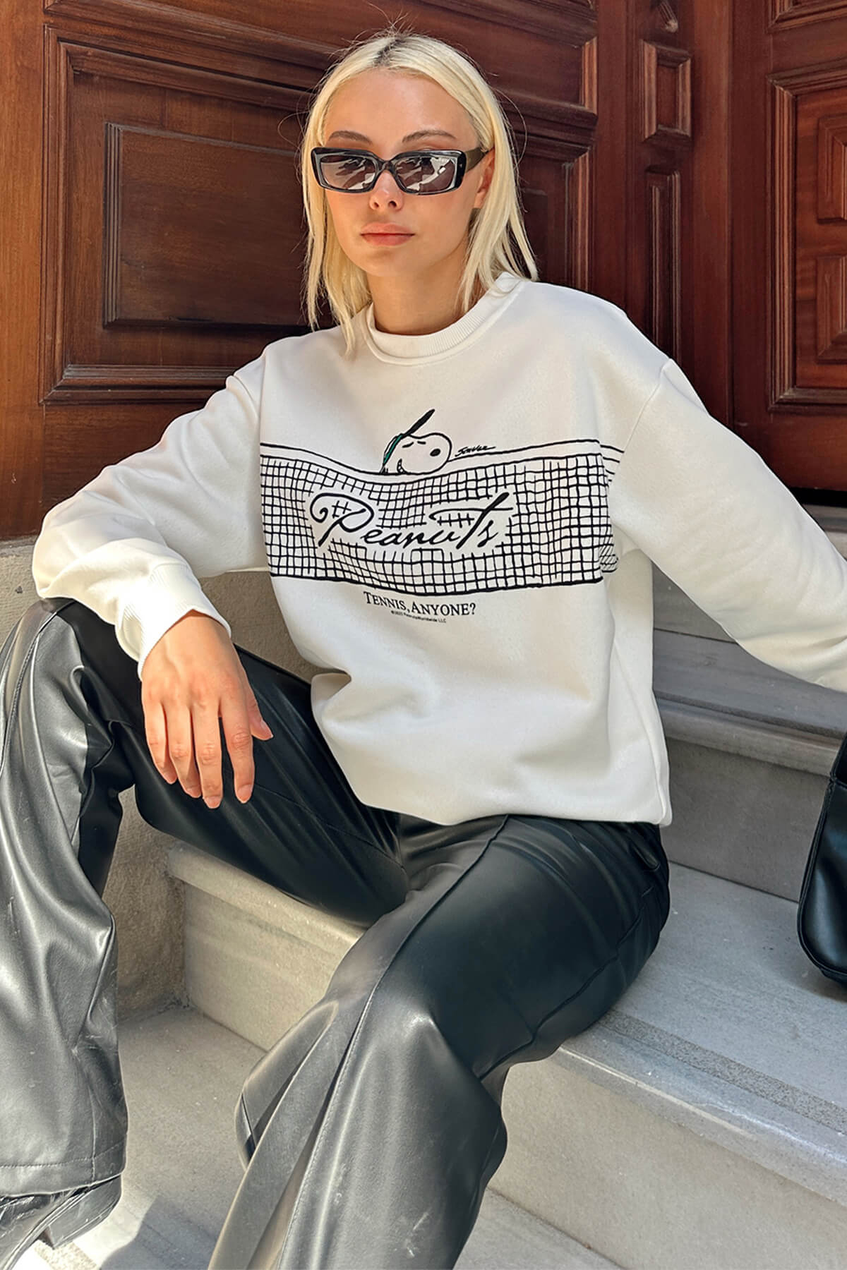 Beyaz Tennis Baskılı İçi Pamuklu Kadın Sweatshirt