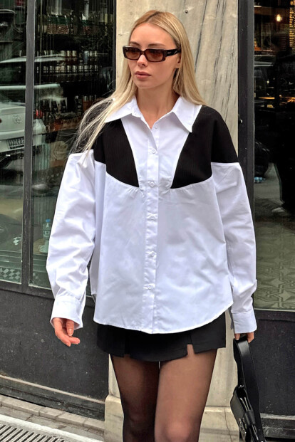 Beyaz Triko Garnili Oversize Kadın Gömlek - 1