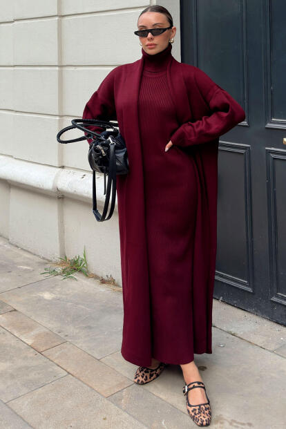 Bordo Balıkçı Yaka Sıfır Kol Midi Elbise-Hırka Kadın Triko Takım - SWİST