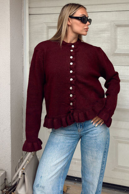 Bordo Bisiklet Yaka Fırfır Detaylı Düğmeli Kadın Triko Hırka - SWİST