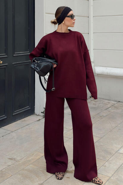 Bordo Bisiklet Yaka Oversize Kazak-Pantolon Örgü Kadın Alt-Üst Takım - SWİST