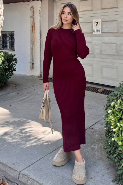 Bordo Bria Bisiklet Yaka Kadın Kalın Triko Midi Elbise - SWİST