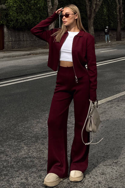 Bordo Cara Polo Yaka Çift Yönlü Fermuarlı Crop-Pantolon Kadın Triko Alt Üst Takım - SWİST