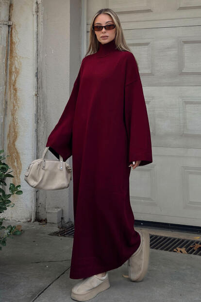 Bordo Daly Yarım Balıkçı Oversize Kadın Triko Midi Elbise - SWİST