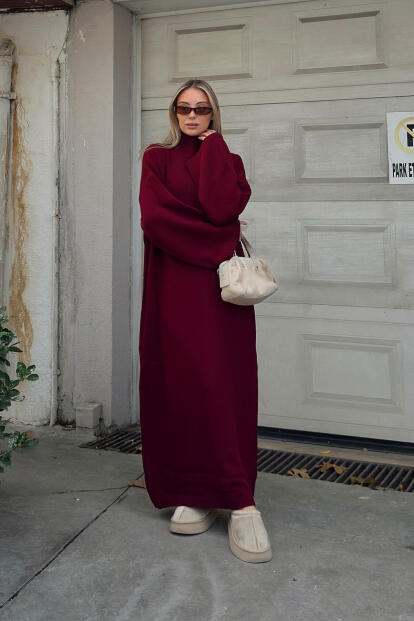 Bordo Daly Yarım Balıkçı Oversize Kadın Triko Midi Elbise - SWİST (1)