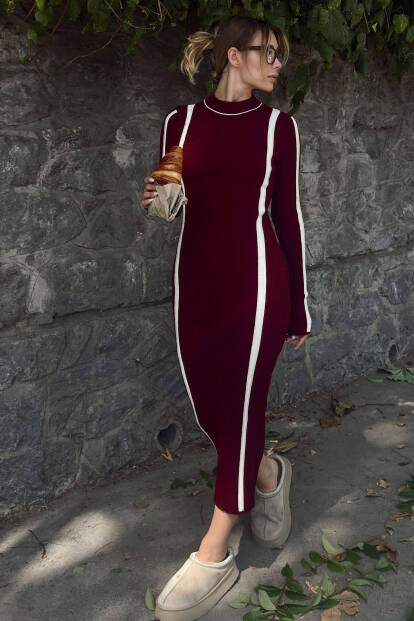 Bordo Monero Bisiklet Yaka İntersiye Çizgili Kadın Triko Midi Elbise - SWİST