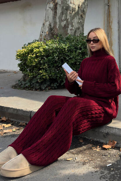 Bordo Tail Saç Örgü Desenli Kazak-Pantolon Kadın Alt Üst Takım - SWİST