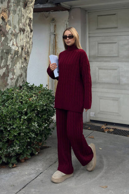 Bordo Tail Saç Örgü Desenli Kazak-Pantolon Kadın Alt Üst Takım - SWİST (1)