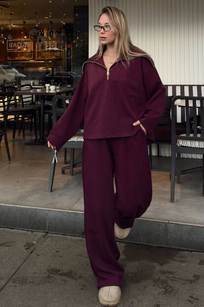 Bordo Yarım Fermuar Sweat Pantolon Kadın Alt Üst Takım - SWİST