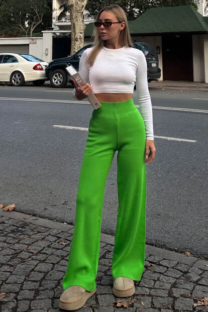 Çimen Yeşili Yüksek Bel Beli Lastikli Kadın Triko Pantolon - SWİST