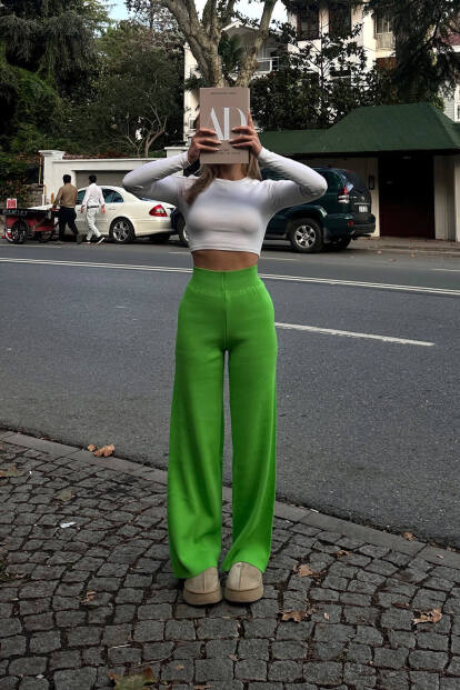 Çimen Yeşili Yüksek Bel Beli Lastikli Kadın Triko Pantolon - SWİST (1)