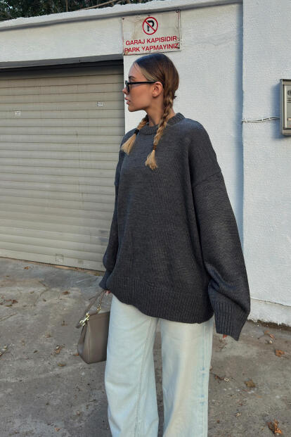 Füme Biscuit Bisiklet Yaka Oversize Kadın Triko Kazak - SWİST (1)