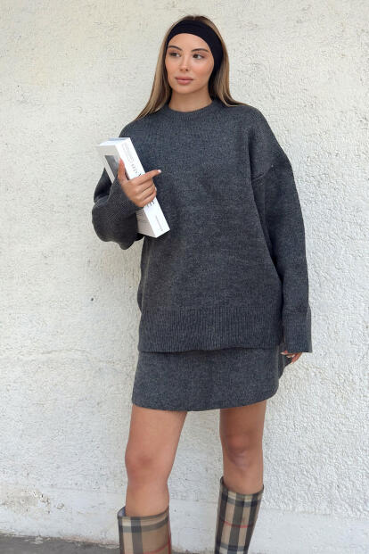 Füme Bisiklet Yaka Oversize Kazak-Mini Etek Kadın Triko Alt Üst Takım - SWİST