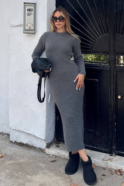 Füme Bria Bisiklet Yaka Kadın Kalın Triko Midi Elbise - SWİST