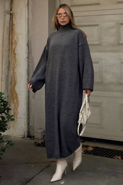 Füme Daly Yarım Balıkçı Oversize Kadın Triko Midi Elbise - SWİST