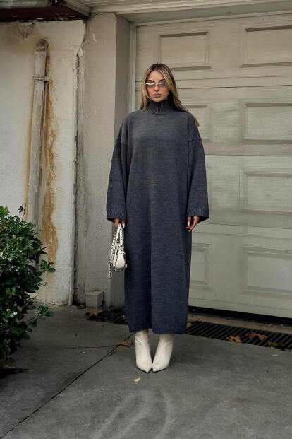 Füme Daly Yarım Balıkçı Oversize Kadın Triko Midi Elbise - SWİST (1)