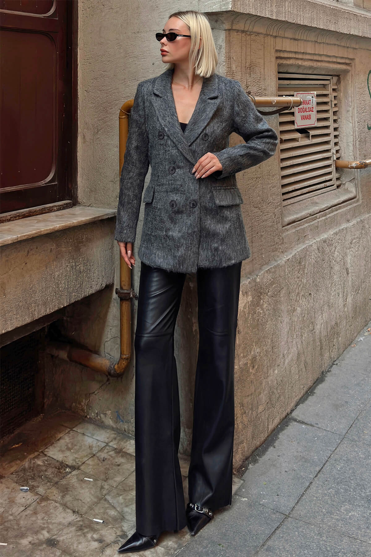 Füme Kruvaze Düğme Kapama Sakallı Kadın Blazer Ceket
