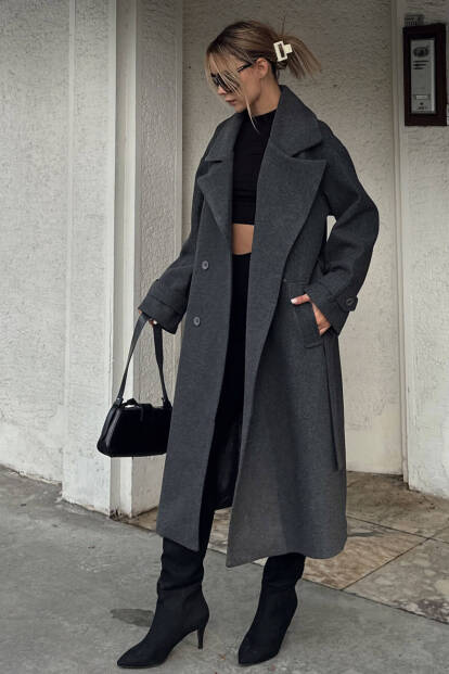 Füme Kruvaze Kol Manşetli Kuşaklı Astarlı Uzun Kadın Midi Kaşe Kaban - SWİST