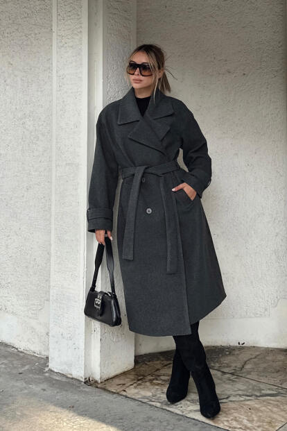 Füme Kruvaze Kol Manşetli Kuşaklı Astarlı Uzun Kadın Midi Kaşe Kaban - SWİST (1)