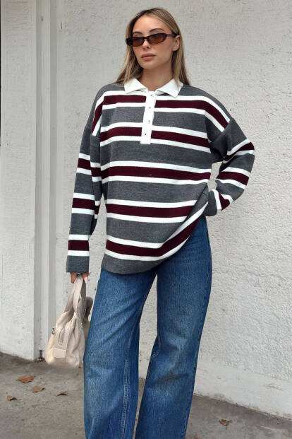 Füme Polo Yaka Kalın Çizgili Kadın Triko Kazak - SWİST