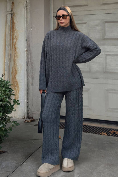 Füme Tail Saç Örgü Desenli Kazak-Pantolon Kadın Alt Üst Takım - SWİST