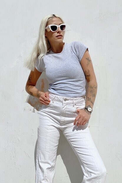 Gri Bisiklet Yaka Kısa Kol Crop Bluz 
