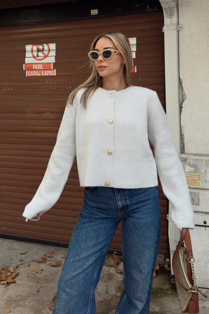 Gri Deniz Kabuklu Düğmeli Kadın Triko Hırka - SWİST (1)