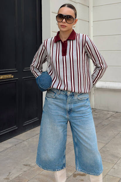 Gri Dikey Çizgili Polo Yaka Örgü Kadın Triko Kazak - SWİST