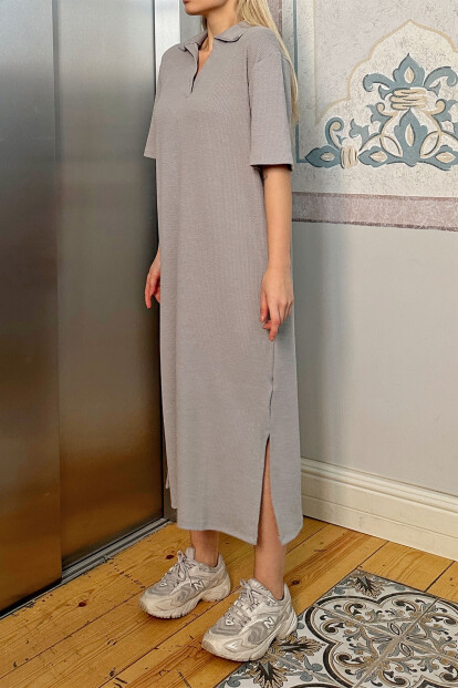 Gri Jess Polo Yaka Çift Yırtmaçlı Relaxed Kadın Midi Elbise - 4