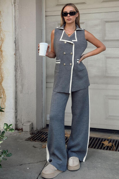 Gri Kruvaze Şerit Detaylı Yelek-Pantolon Kadın Triko Alt Üst Takım - SWİST