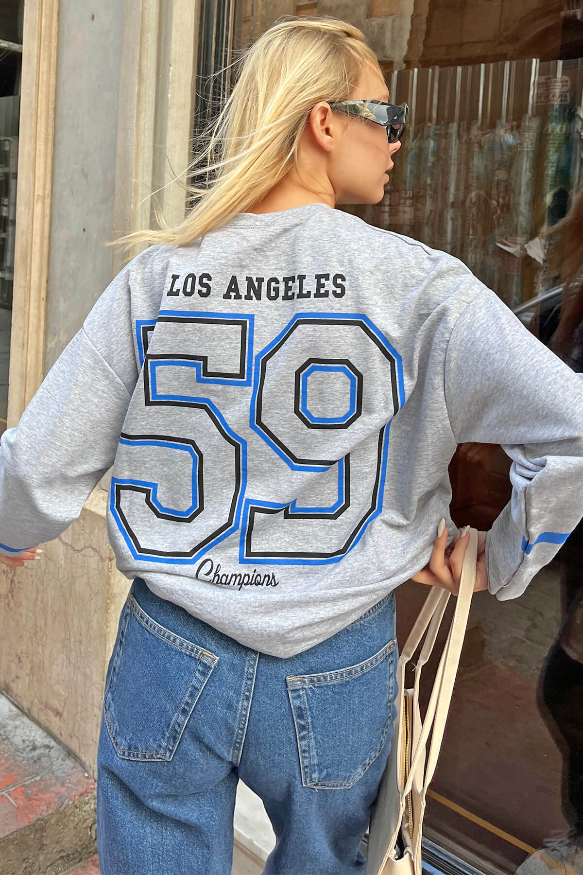 Gri Los 59 Ön-arka Baskılı Oversize Kadın Sweatshirt