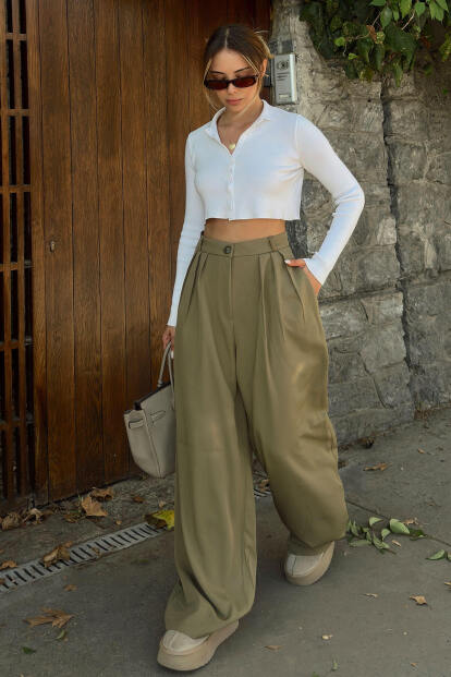 Haki 3 Pileli Yüksek Bel Cepli Bol Paça Kadın Palazzo Pantolon - SWİST